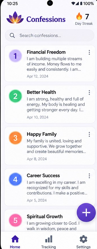 Confessions home screen showing personal affirmations